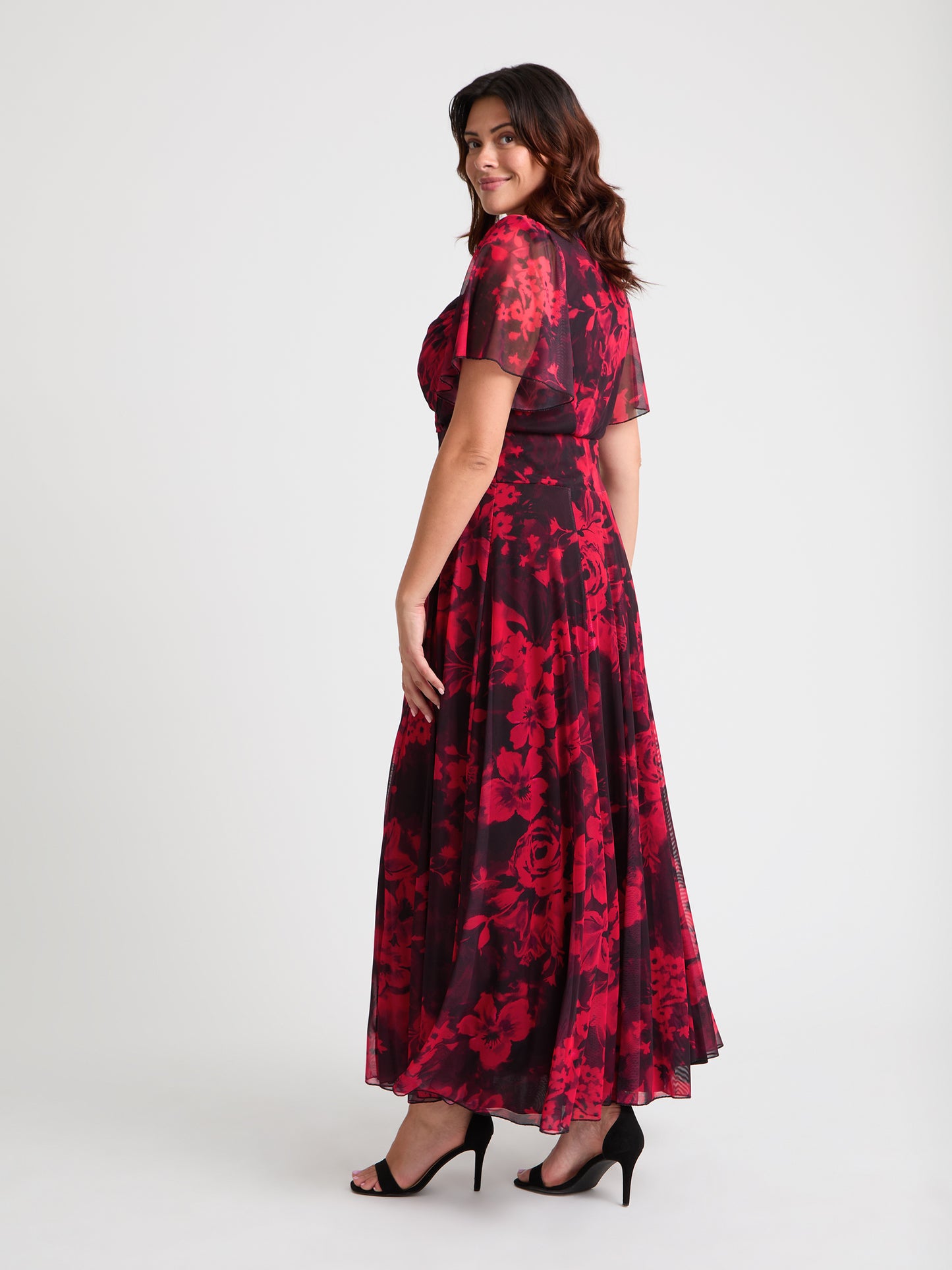 Kemi Black Red Print Bolero Wrap Bodice Maxi Gown