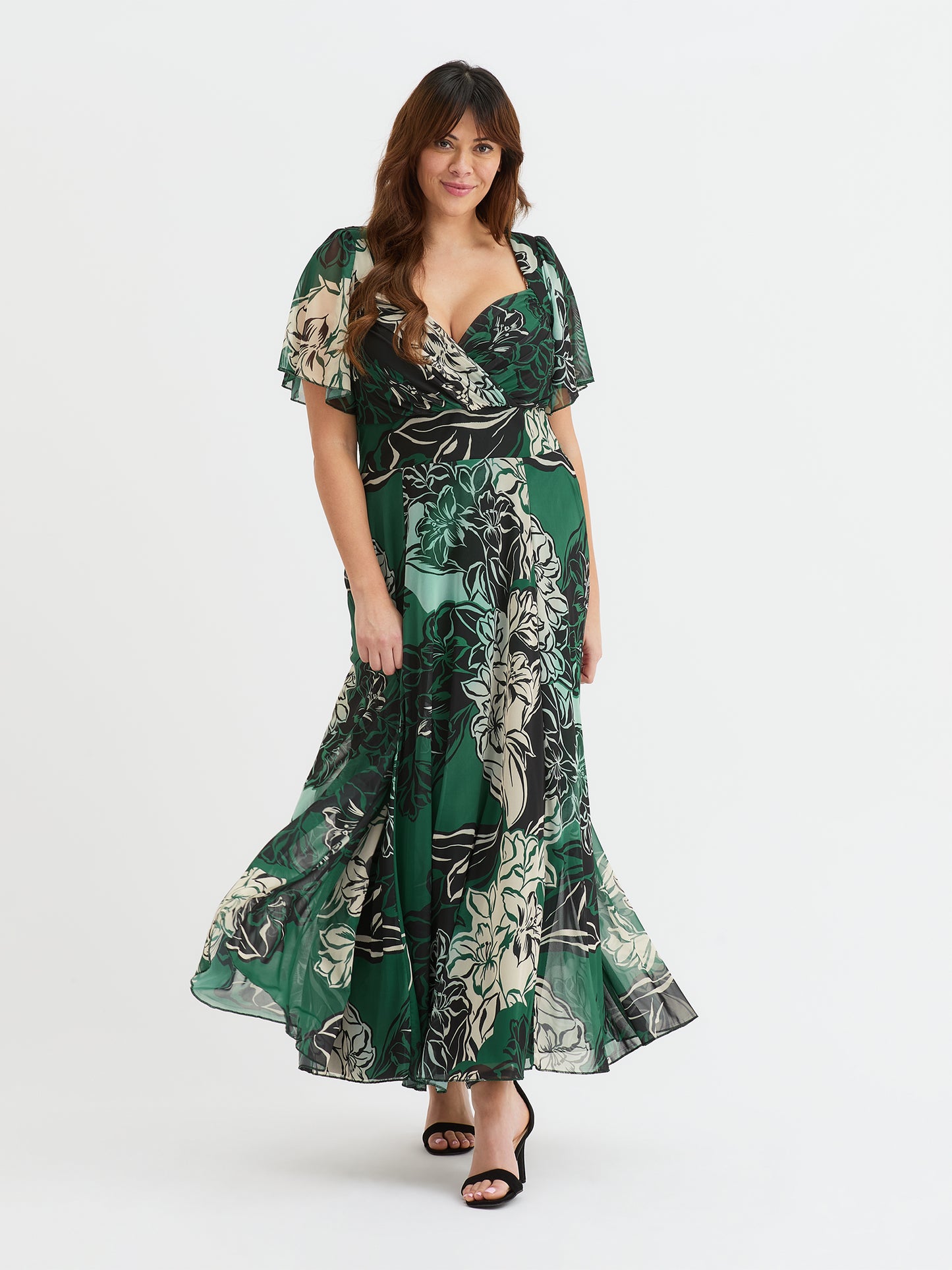Kemi Green Cream Black Print Bolero Wrap Bodice Maxi Gown Scarlett & Jo Kemi Green Cream Black Print Bolero Wrap Bodice Maxi Gown Scarlett & Jo
