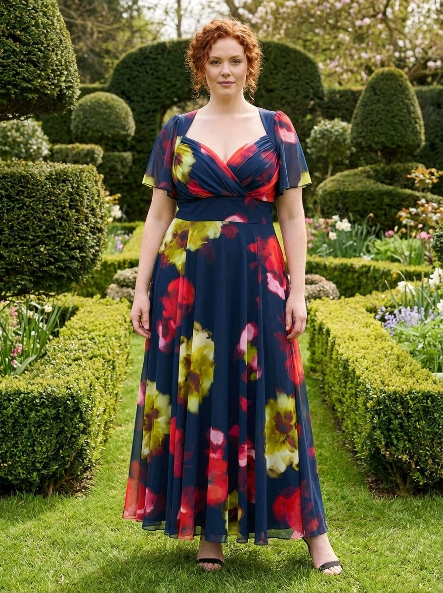 Kemi Navy Red Multi Print Bolero Wrap Bodice Maxi Gown