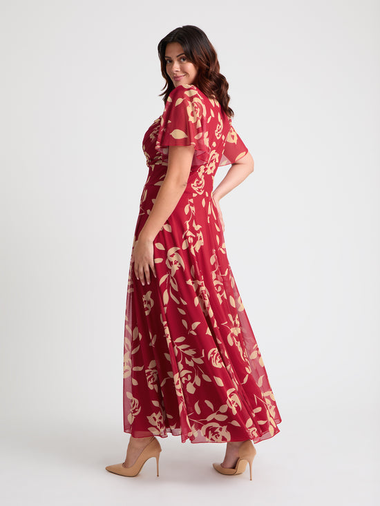 Kemi Red Cream Print Bolero Wrap Bodice Maxi Gown