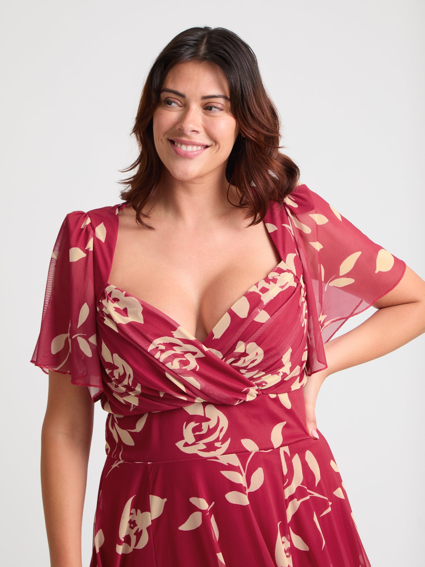 Kemi Red Cream Print Bolero Wrap Bodice Maxi Gown