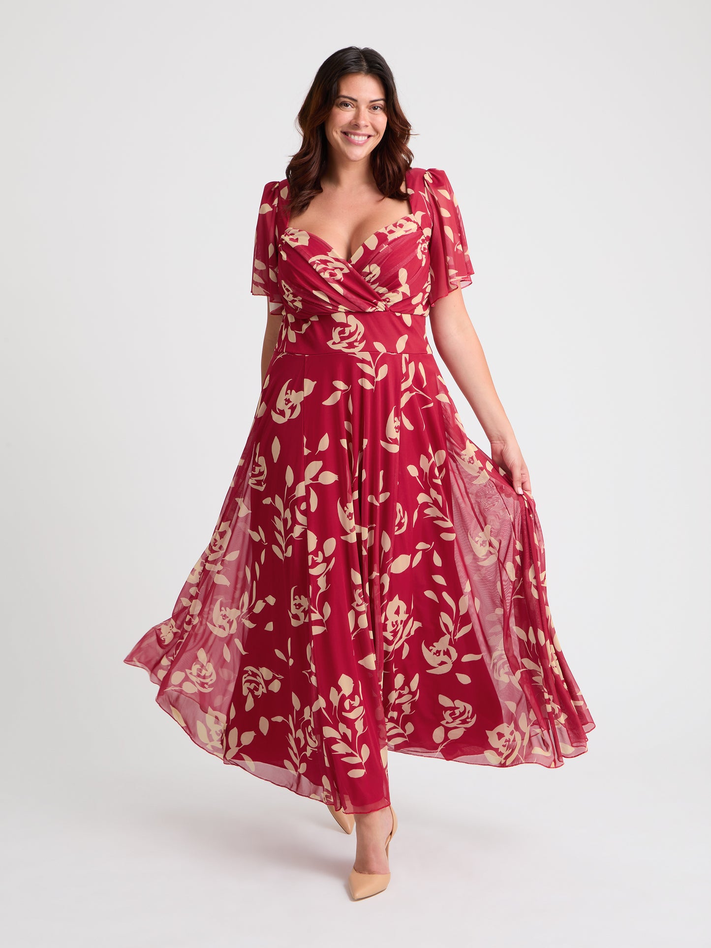 Kemi Red Cream Print Bolero Wrap Bodice Maxi Gown