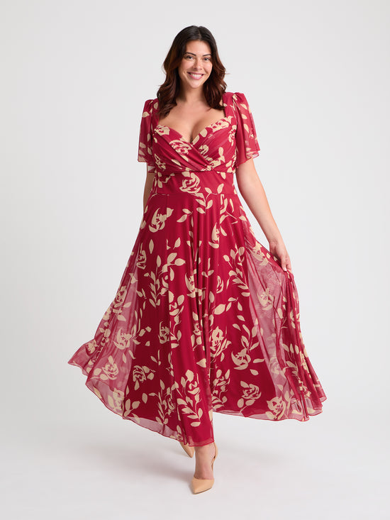 Kemi Red Cream Print Bolero Wrap Bodice Maxi Gown