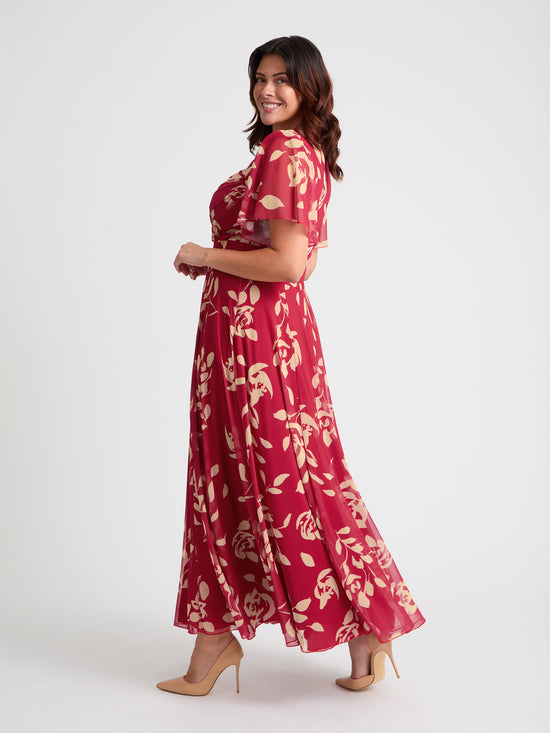 Kemi Red Cream Print Bolero Wrap Bodice Maxi Gown