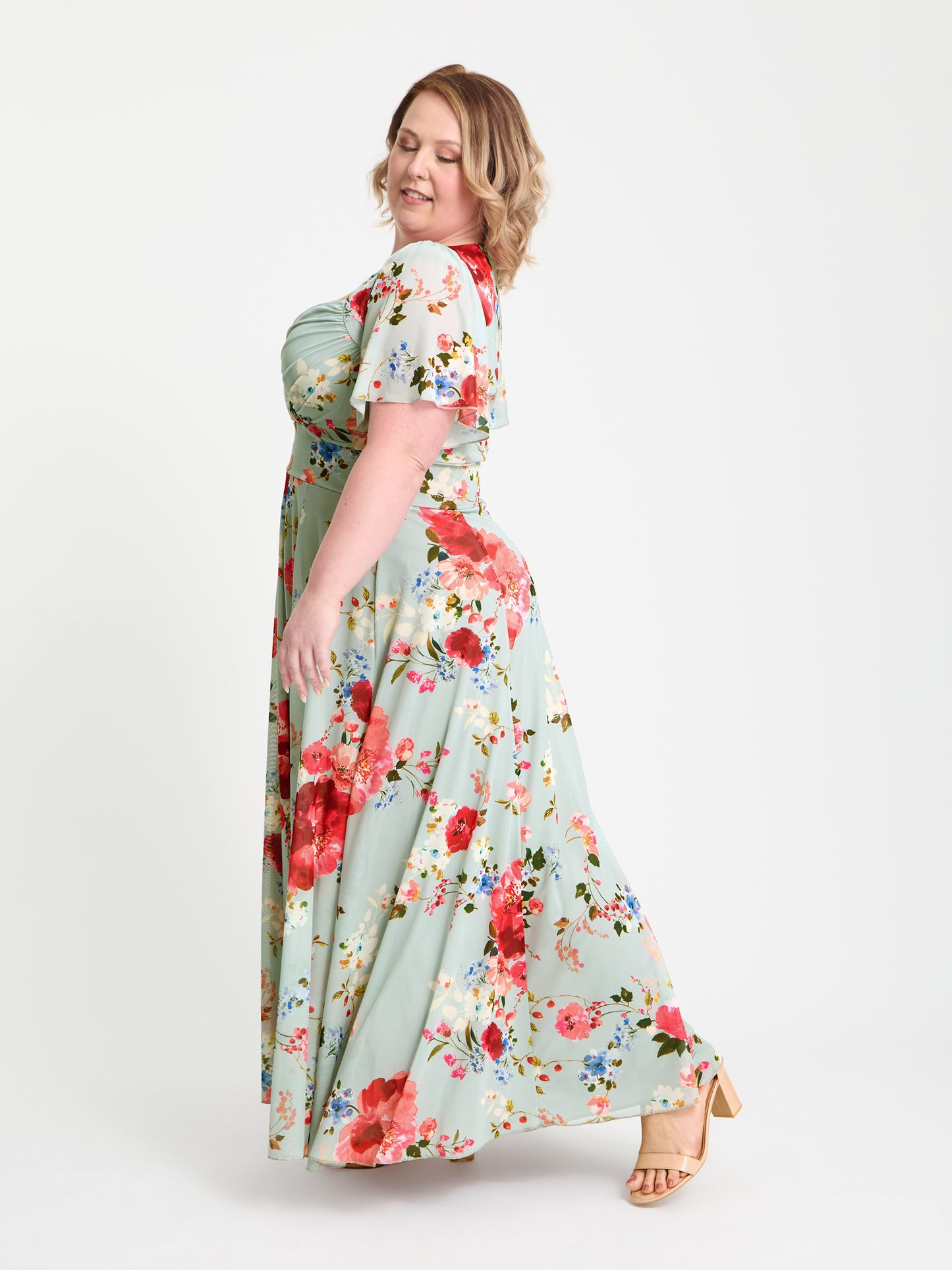 Kemi Silver Pink Print Bolero Wrap Bodice Maxi Gown