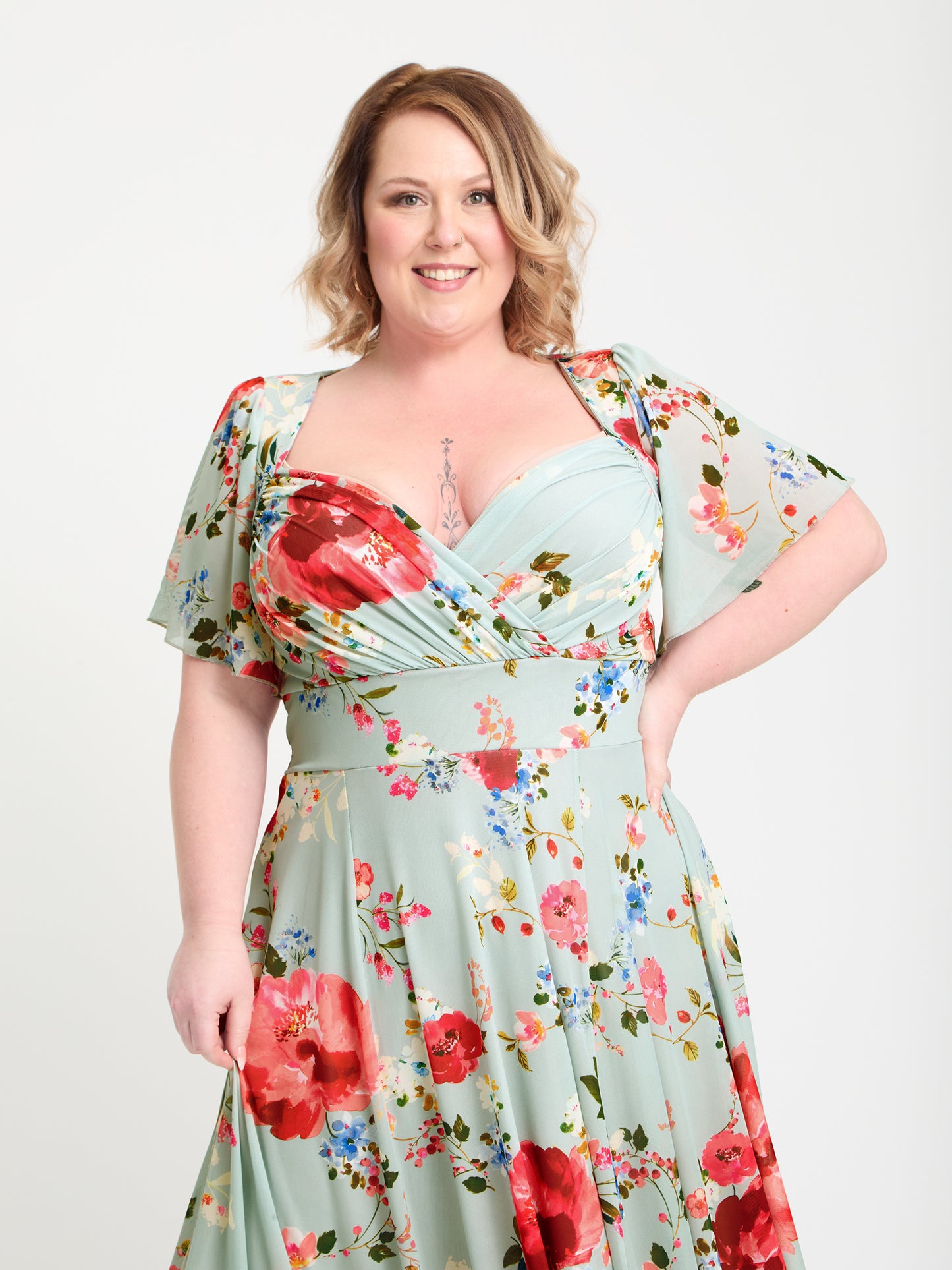 Kemi Silver Pink Print Bolero Wrap Bodice Maxi Gown