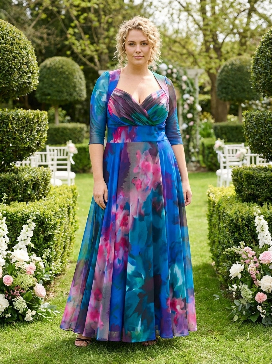 Elizabeth Blue Green Multi Print Mesh Bolero Wrap Bodice Maxi Gown