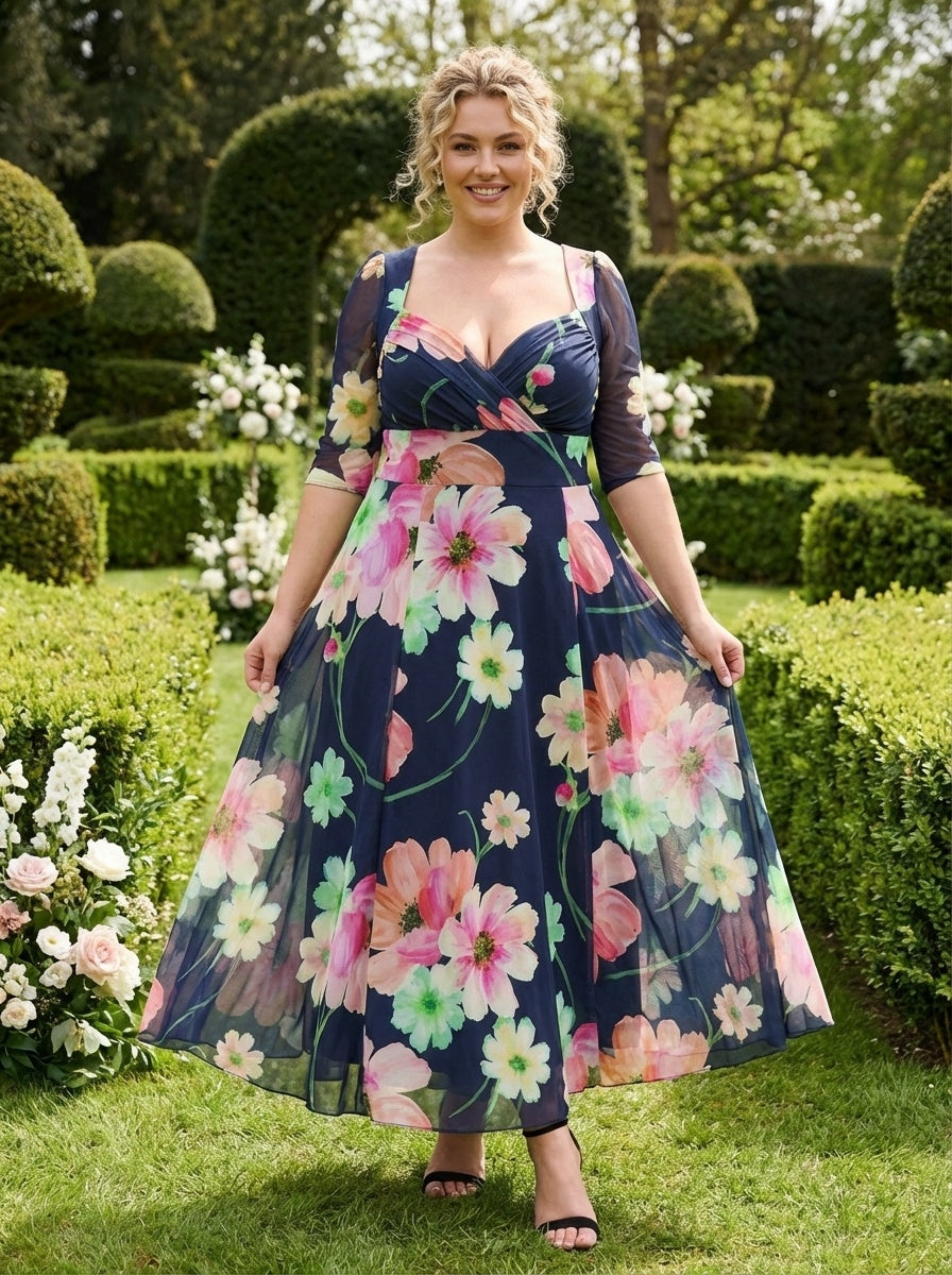 Elizabeth Navy Pink Print Mesh Bolero Wrap Bodice Maxi Gown