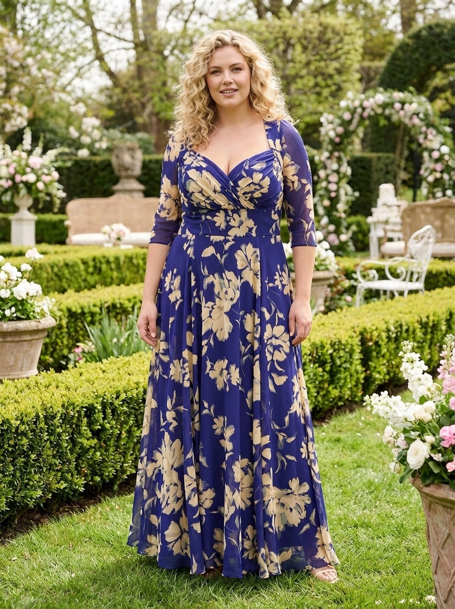 Elizabeth Vintage Indigo Cream Print Mesh Bolero Wrap Bodice Maxi Gown