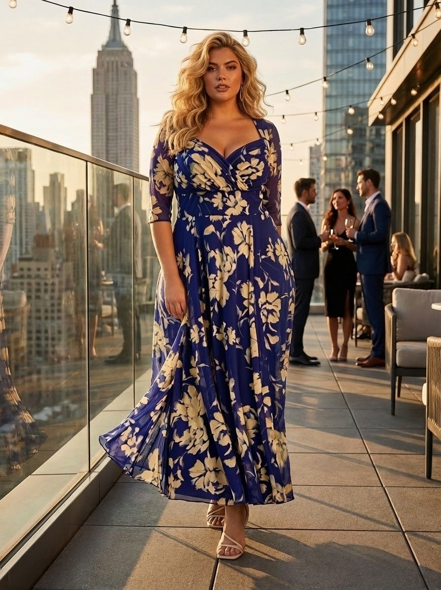 Elizabeth Vintage Indigo Cream Print Mesh Bolero Wrap Bodice Maxi Gown