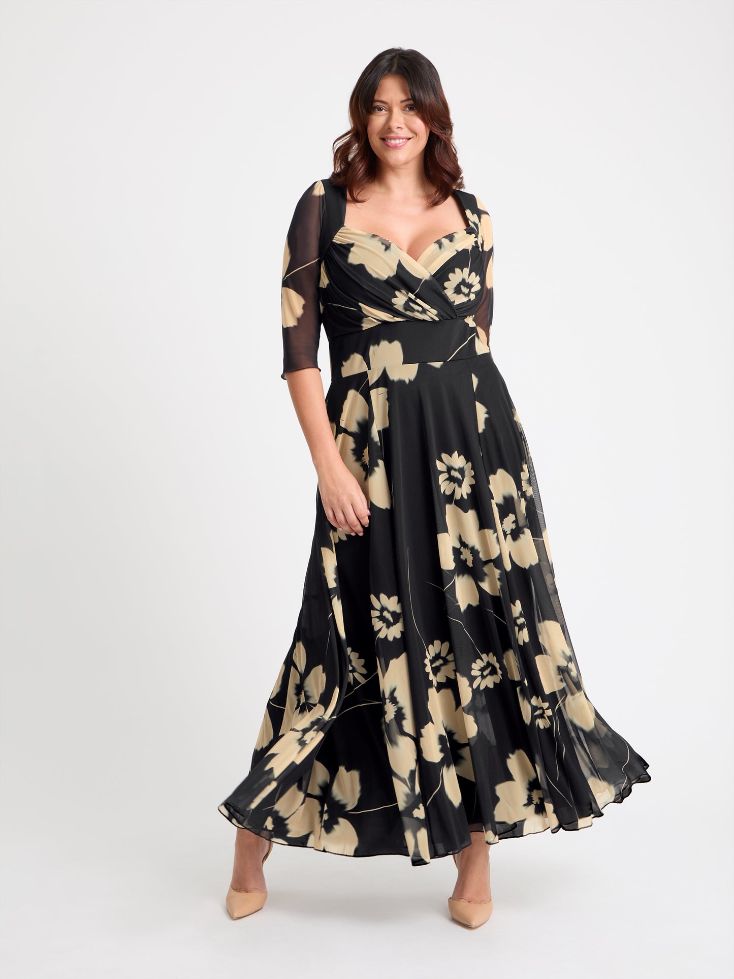 Elizabeth Black Cream Print Mesh Bolero Wrap Bodice Maxi Gown