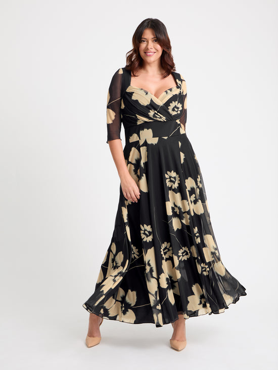 Elizabeth Black Cream Print Mesh Bolero Wrap Bodice Maxi Gown