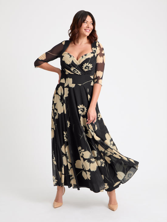 Elizabeth Black Cream Print Mesh Bolero Wrap Bodice Maxi Gown