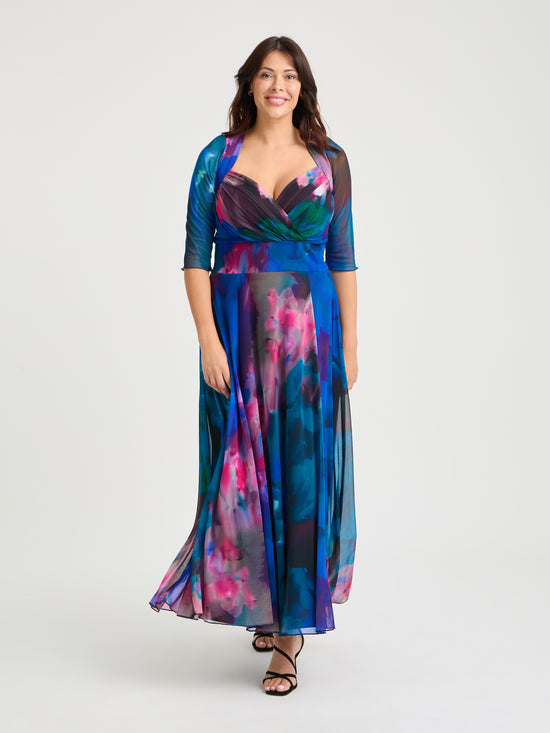 Elizabeth Blue Green Multi Print Mesh Bolero Wrap Bodice Maxi Gown