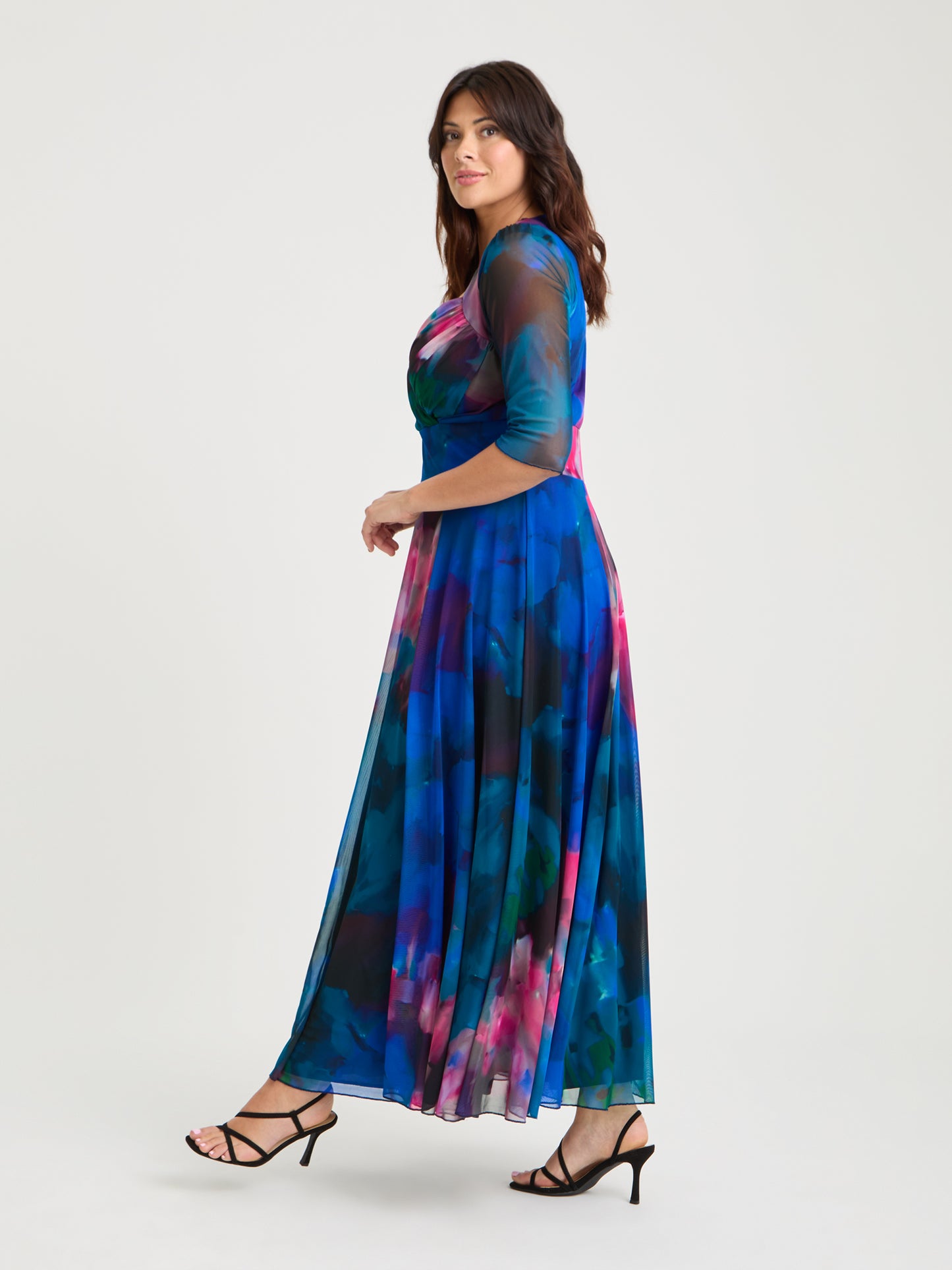 Elizabeth Blue Green Multi Print Mesh Bolero Wrap Bodice Maxi Gown Scarlett & Jo Elizabeth Blue Green Multi Print Mesh Bolero Wrap Bodice Maxi Gown Scarlett & Jo