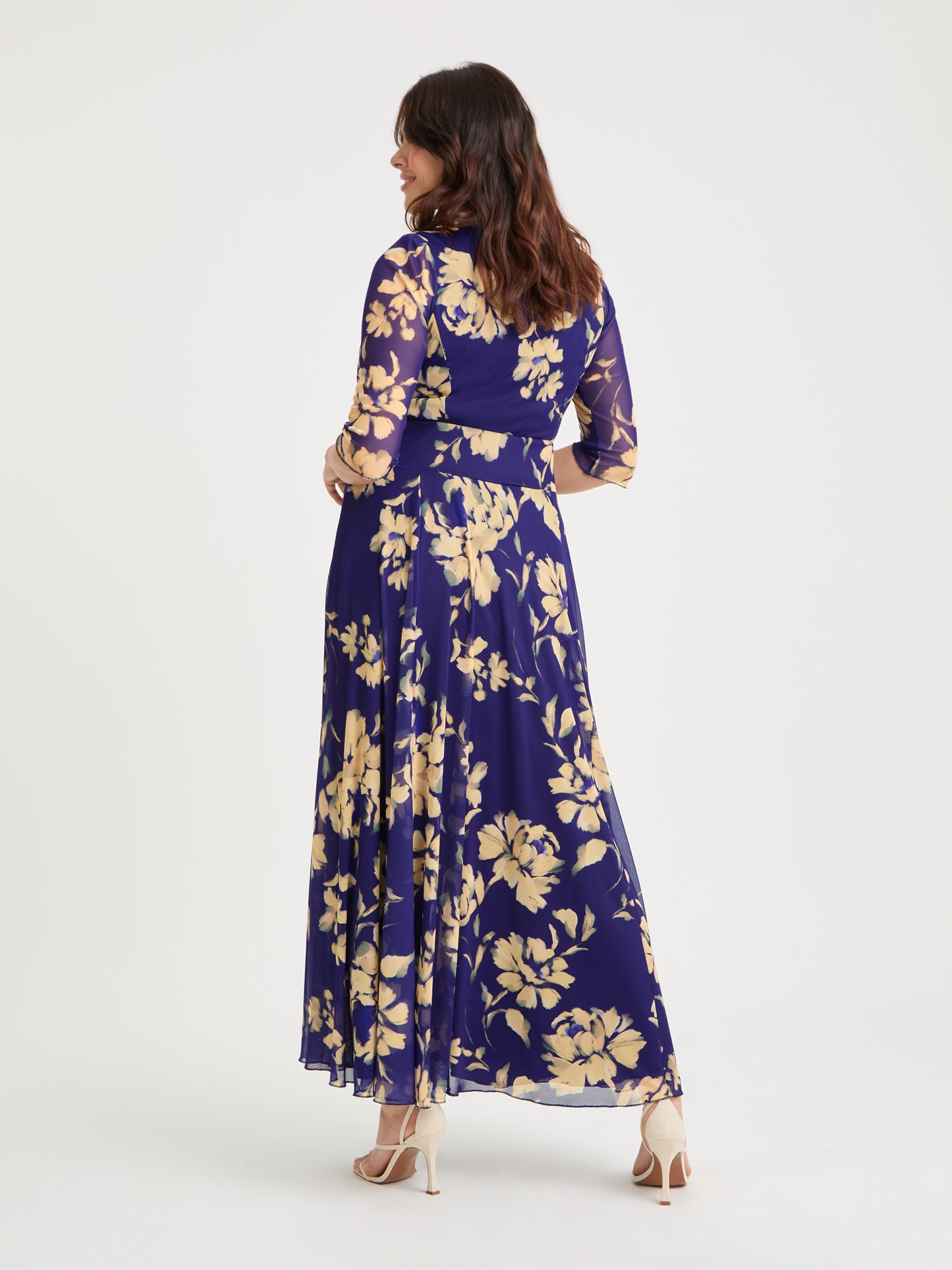 Elizabeth Vintage Indigo Cream Print Mesh Bolero Wrap Bodice Maxi Gown