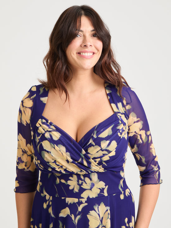 Elizabeth Vintage Indigo Cream Print Mesh Bolero Wrap Bodice Maxi Gown