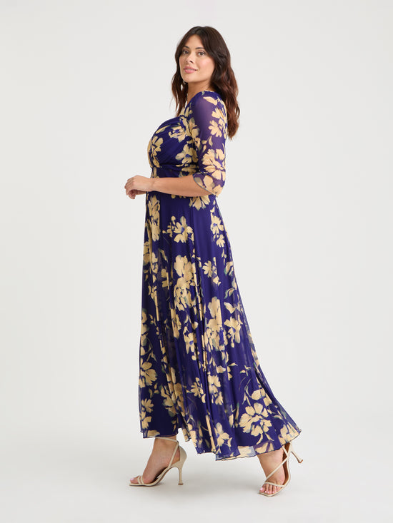 Elizabeth Vintage Indigo Cream Print Mesh Bolero Wrap Bodice Maxi Gown