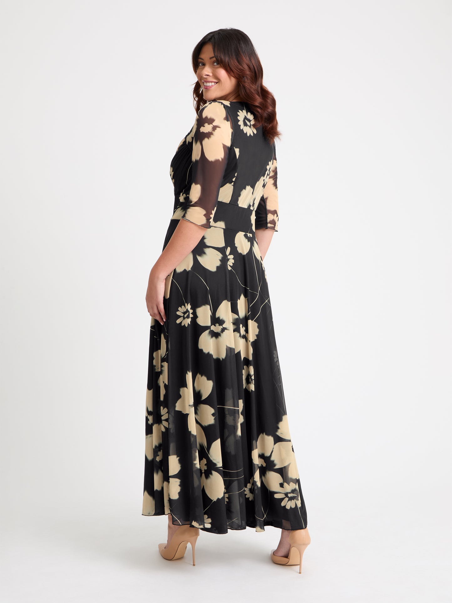 Elizabeth Black Cream Print Mesh Bolero Wrap Bodice Maxi Gown