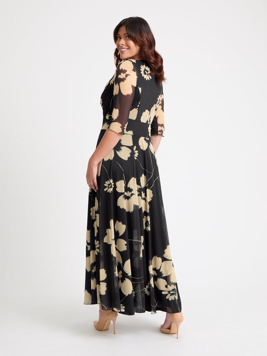 Elizabeth Black Cream Print Mesh Bolero Wrap Bodice Maxi Gown
