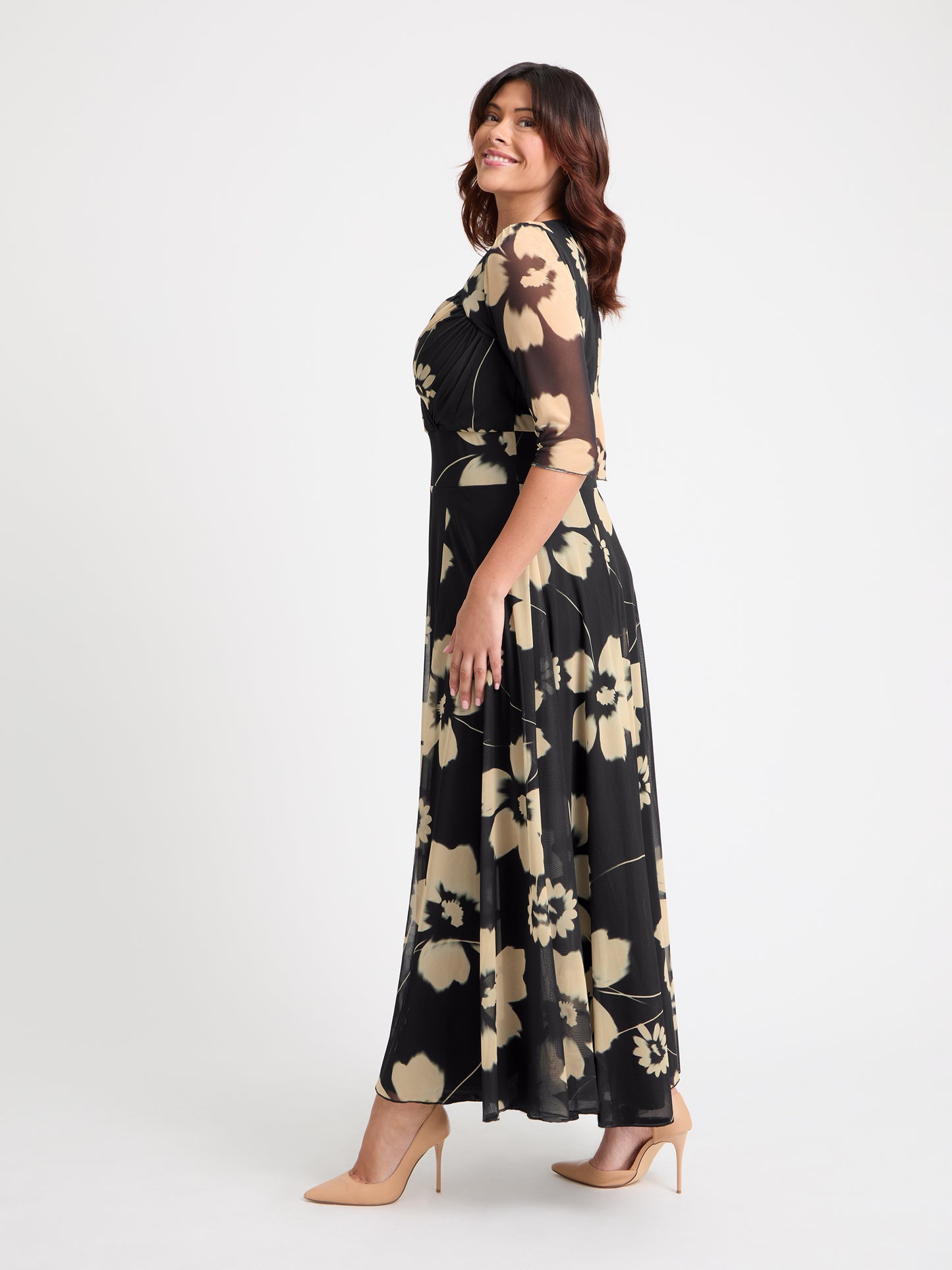 Elizabeth Black Cream Print Mesh Bolero Wrap Bodice Maxi Gown