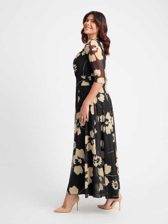 Elizabeth Black Cream Print Mesh Bolero Wrap Bodice Maxi Gown