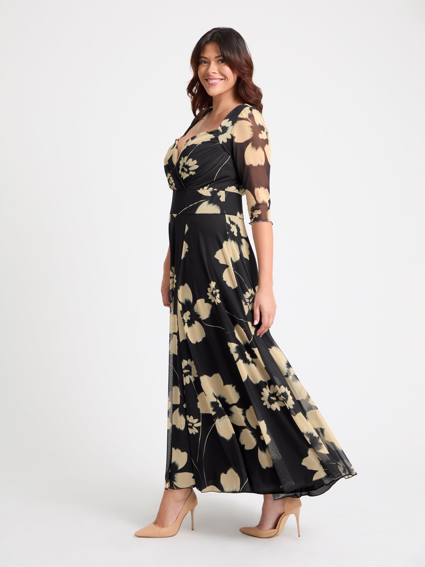Elizabeth Black Cream Print Mesh Bolero Wrap Bodice Maxi Gown