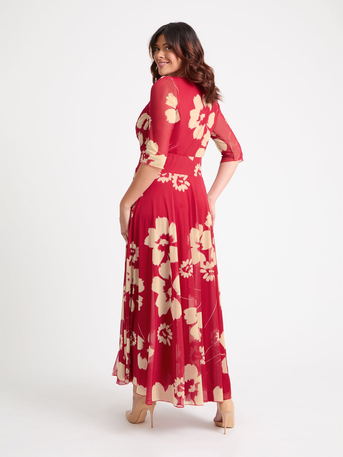 Elizabeth Red Cream Print Mesh Bolero Wrap Bodice Maxi Gown