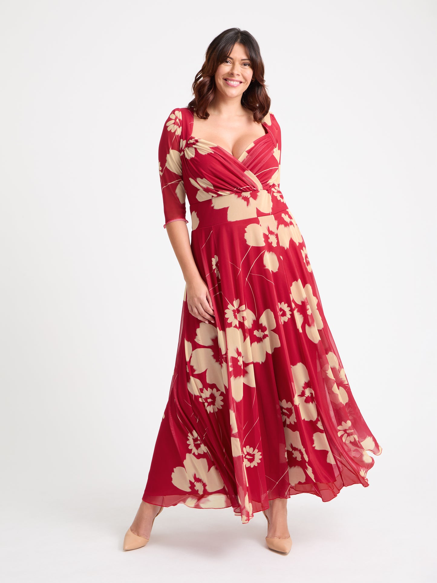 Elizabeth Red Cream Print Mesh Bolero Wrap Bodice Maxi Gown