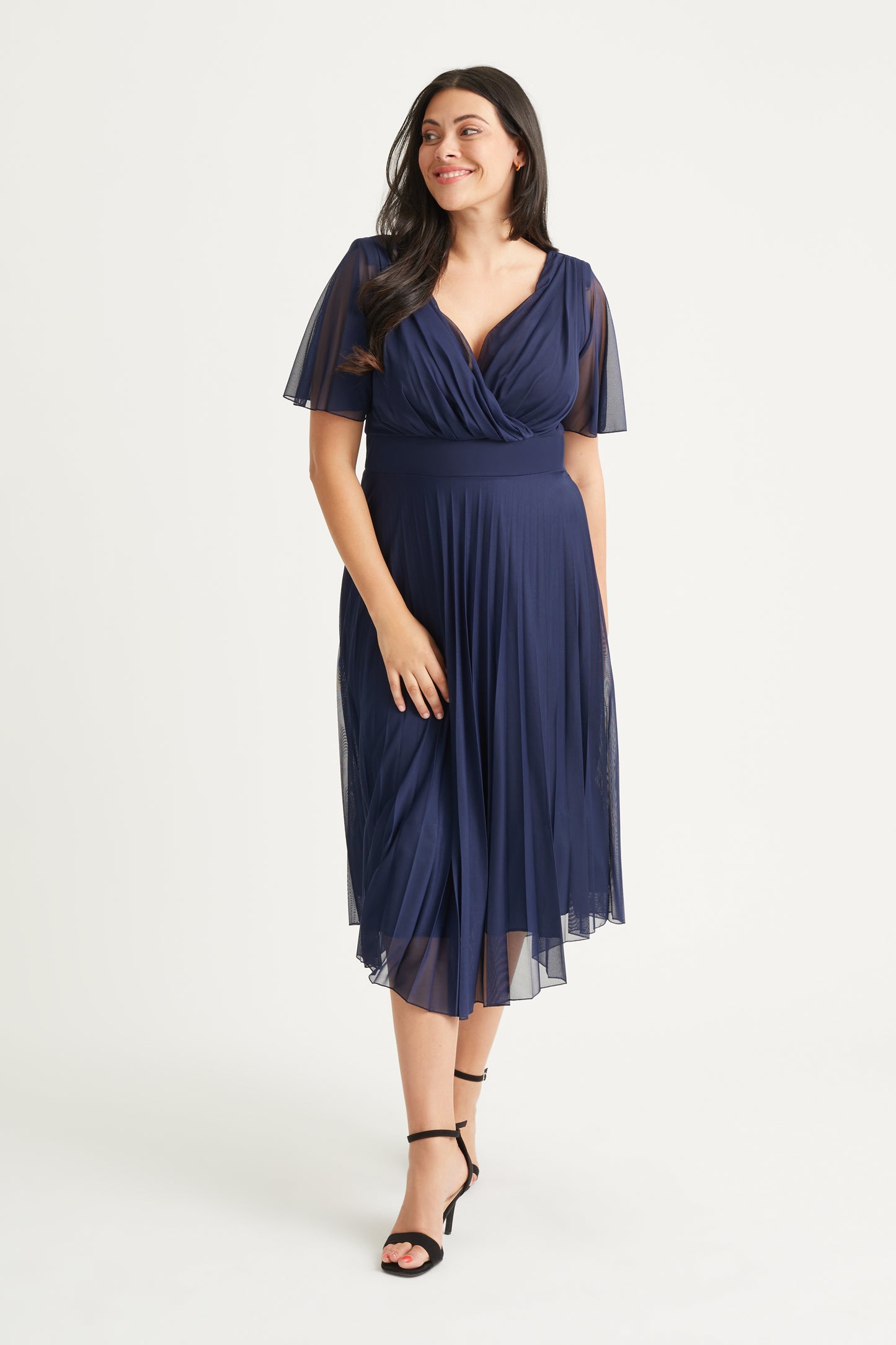 Carole Navy Wrap Bodice Sunray Pleated Skirt Long Midi Dress – Scarlett & Jo
