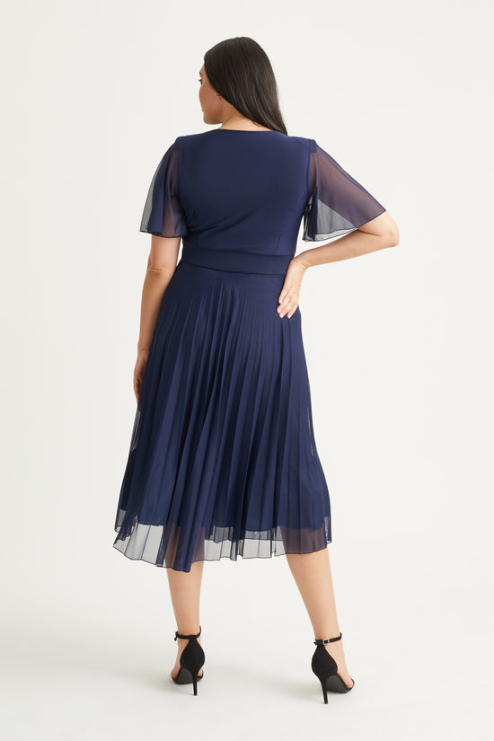 Carole Navy Wrap Bodice Sunray Pleated Skirt Long Midi Dress