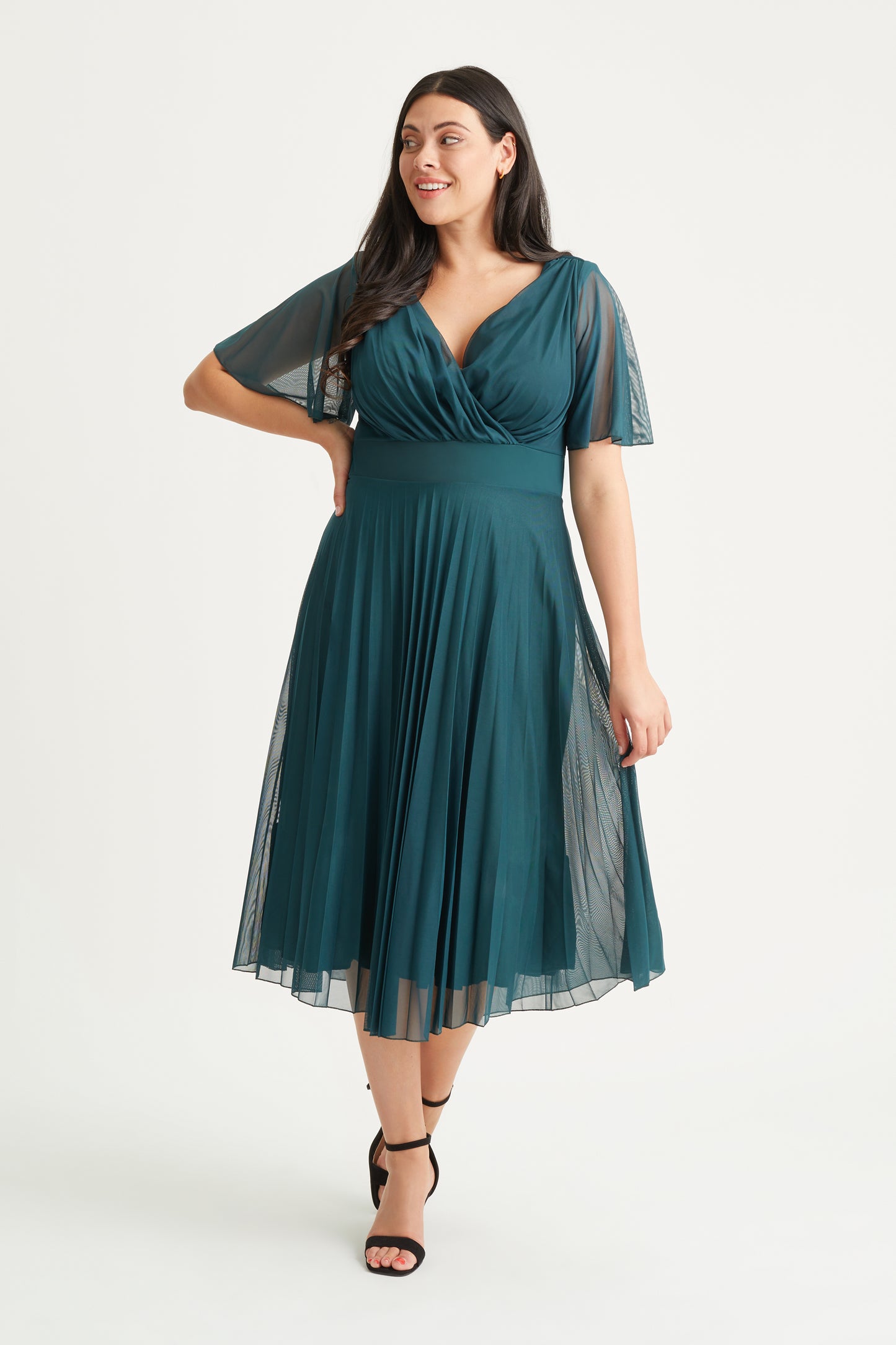Carole Green Wrap Bodice Sunray Pleated Skirt Long Midi Dress Scarlett & Jo Carole Green Wrap Bodice Sunray Pleated Skirt Long Midi Dress Scarlett & Jo