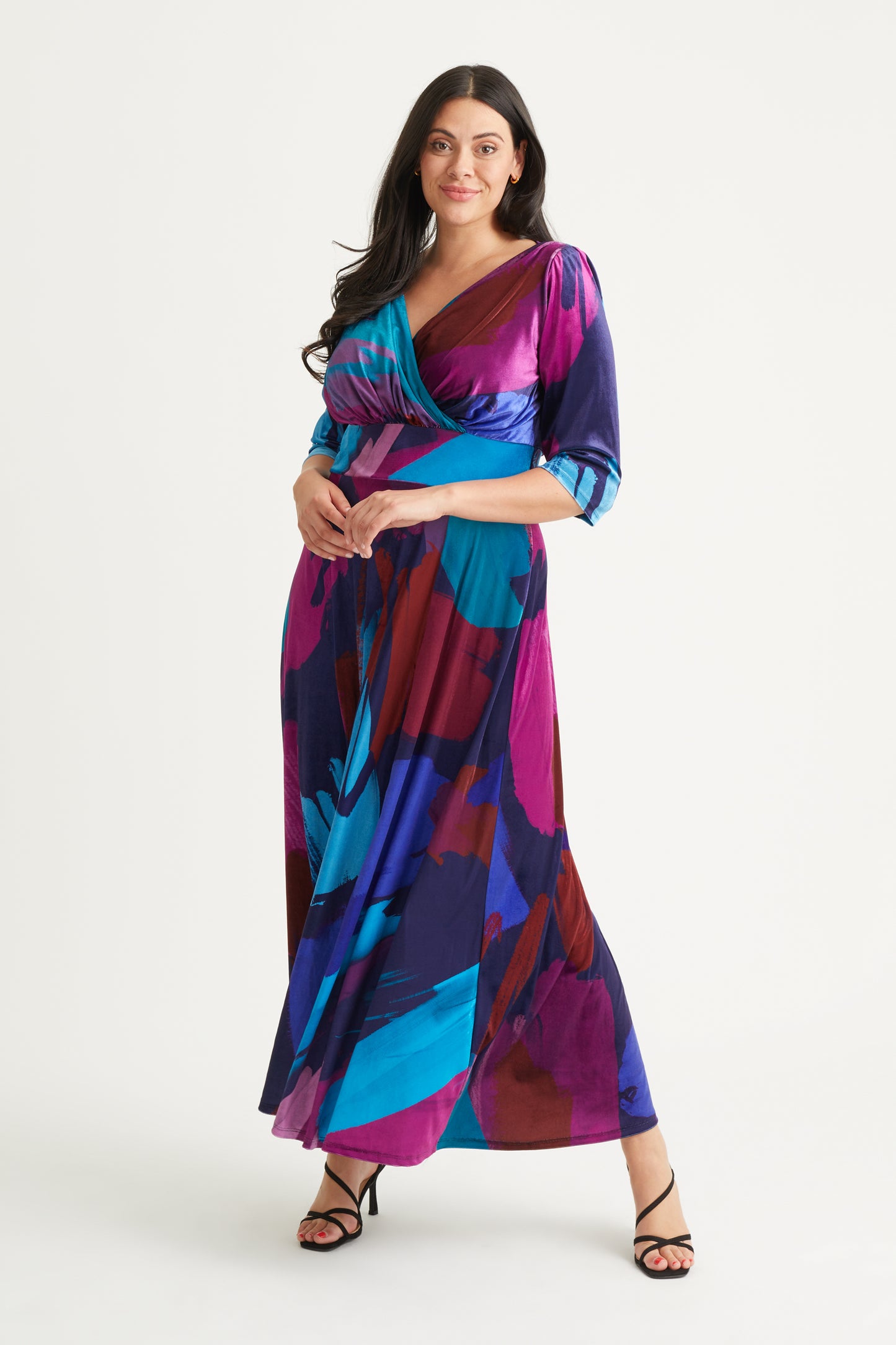 Load image into Gallery viewer, Verity Velvet Navy Teal Multi Print Maxi Gown
