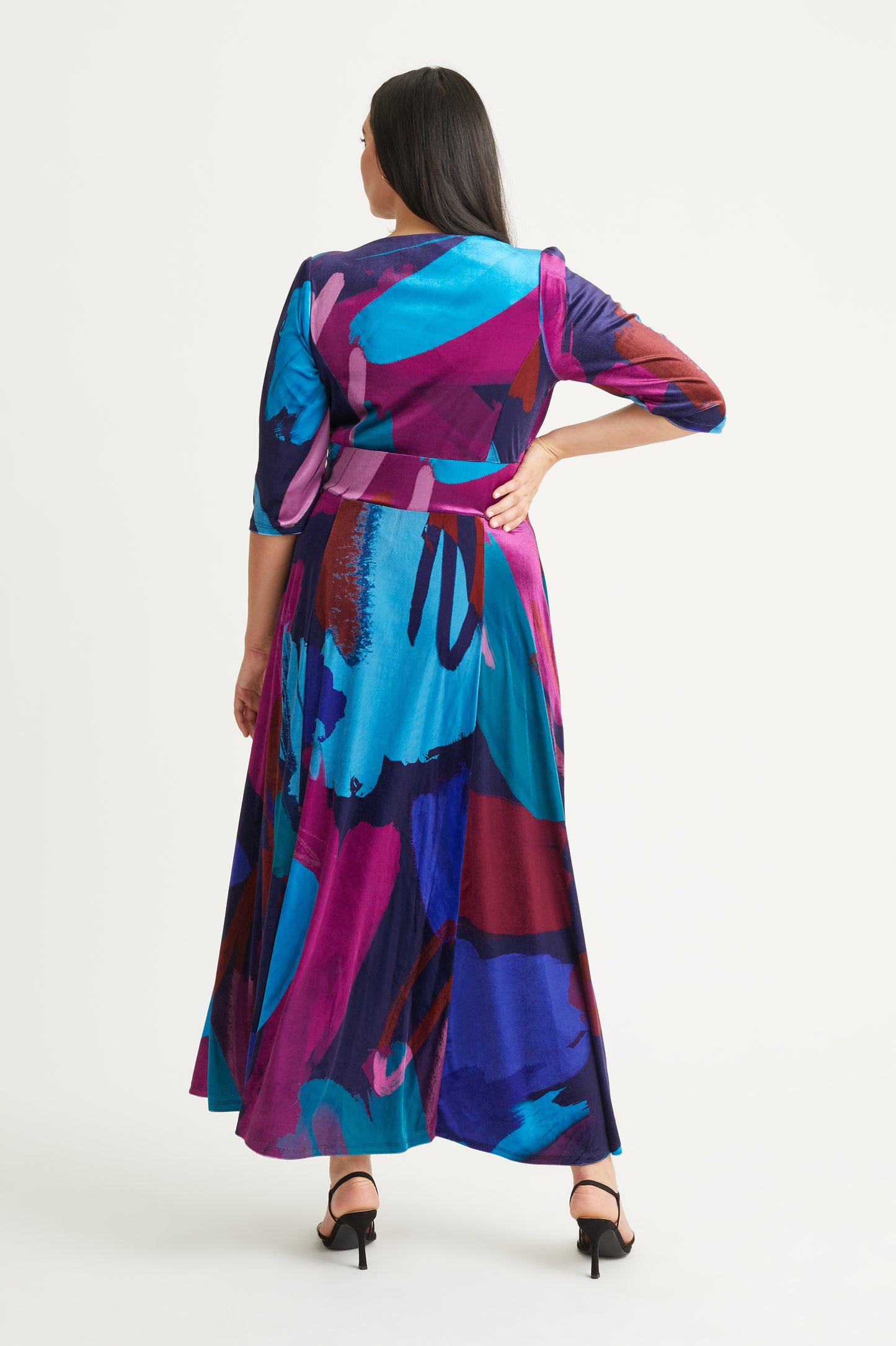Load image into Gallery viewer, Verity Velvet Navy Teal Multi Print Maxi Gown
