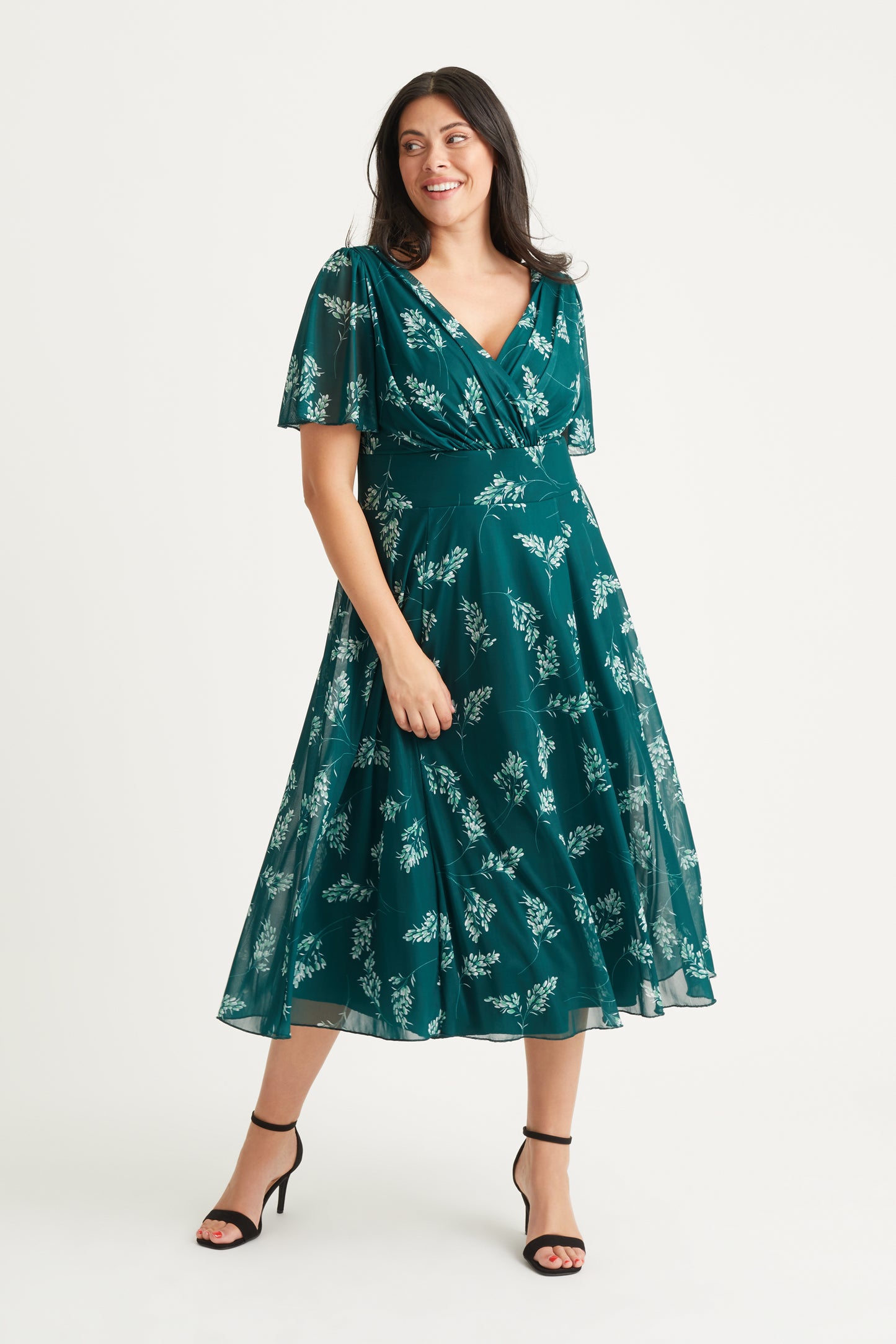 Victoria Bottle Green Print Angel Sleeve Mesh Long Midi Dress  Scarlett &  Jo