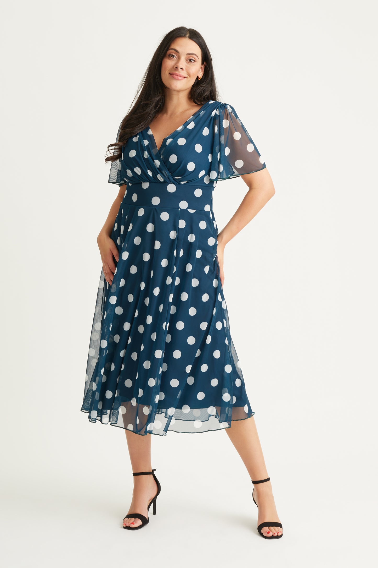 Load image into Gallery viewer, Victoria Teal Spot Angel Sleeve Mesh Long Midi Dress
