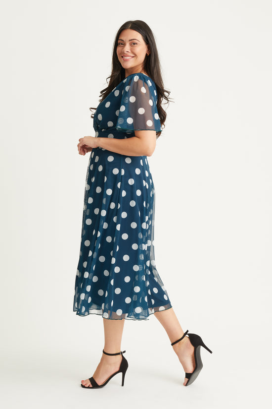 Load image into Gallery viewer, Victoria Teal Spot Angel Sleeve Mesh Long Midi Dress
