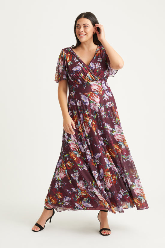 Isabelle Burgundy Multi Float Sleeve Maxi Dress