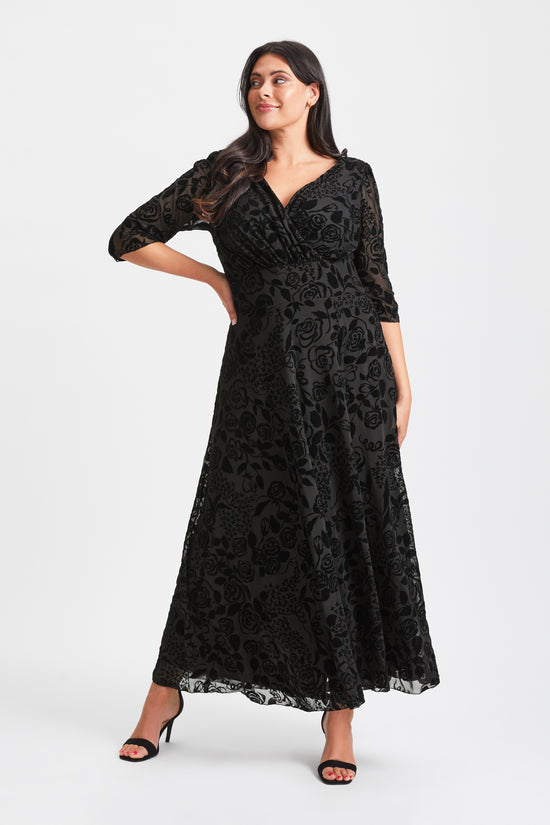 Load image into Gallery viewer, Verity Black Velvet Flock Maxi Gown
