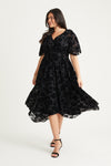 Julie Black Velvet Flock Hanky Hem Dress