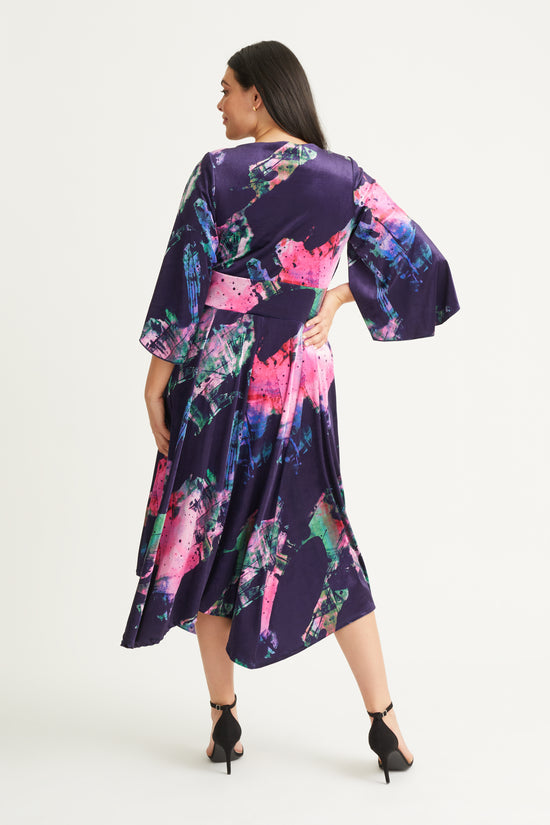 Soraya Navy Pink Velvet Hanky Hem Vintage Kimono Dress