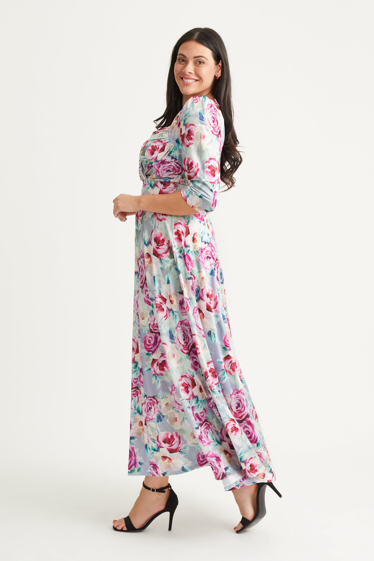 Elizabeth Silver Pink Print Satin Maxi Gown