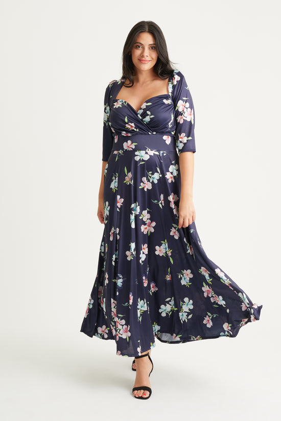 Load image into Gallery viewer, Elizabeth Navy Pink Blue Print Satin Maxi Gown
