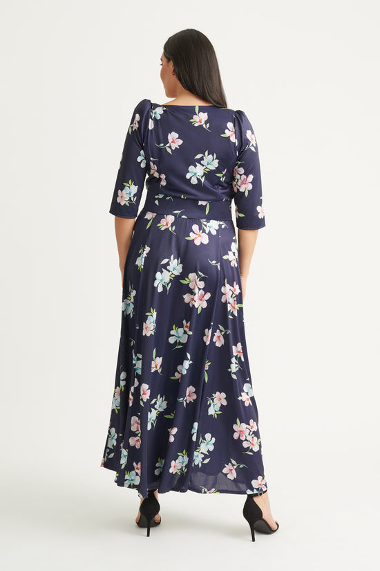 Load image into Gallery viewer, Elizabeth Navy Pink Blue Print Satin Maxi Gown
