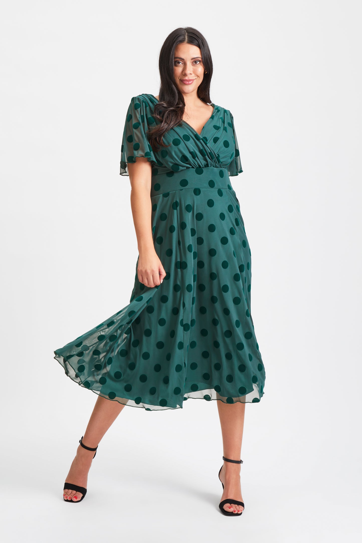 Victoria Dark Green Velvet Flock Angel Sleeve Mesh Long Midi Dress Scarlett & Jo Victoria Dark Green Velvet Flock Angel Sleeve Mesh Long Midi Dress Scarlett & Jo