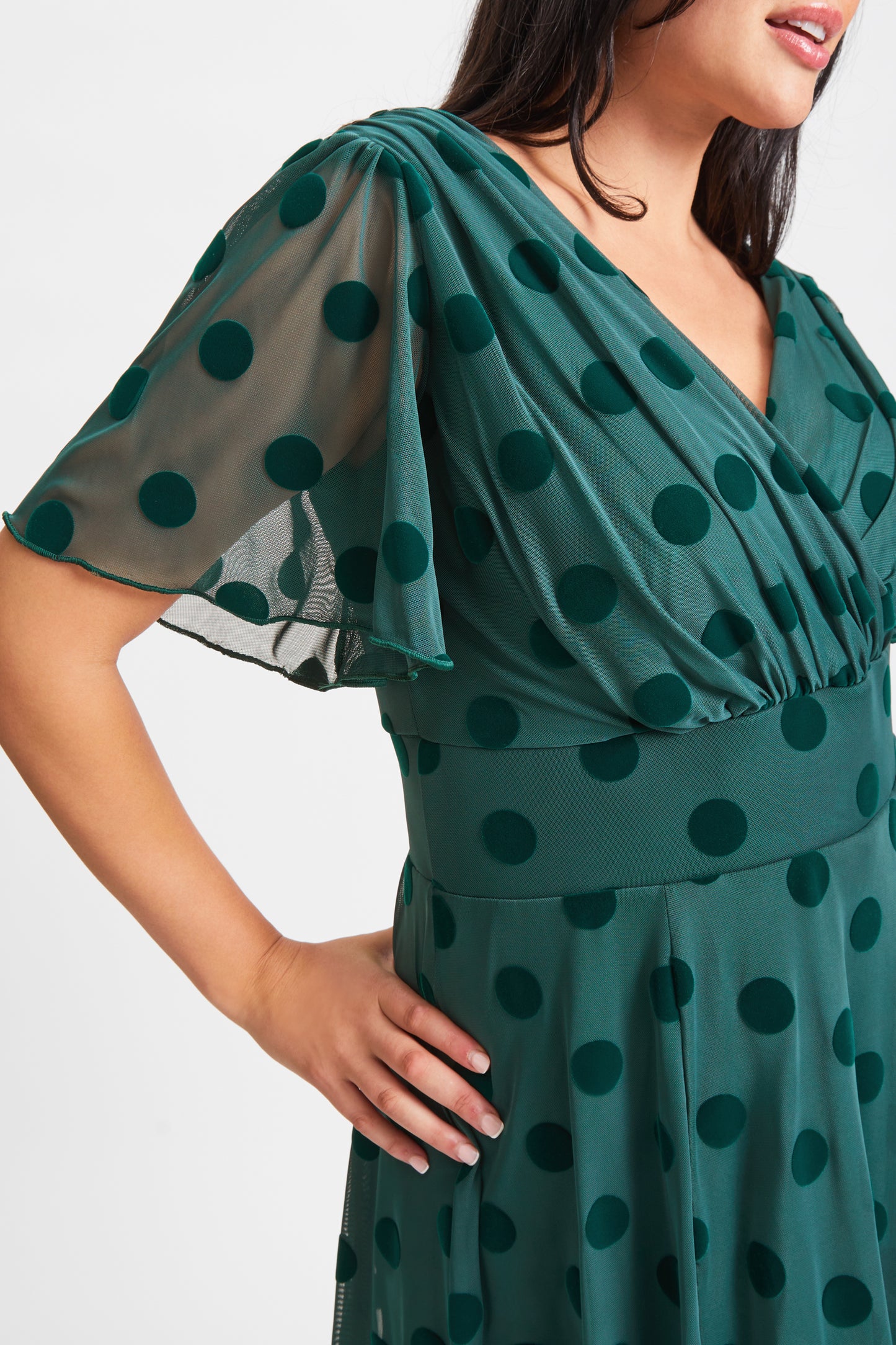 Victoria Dark Green Velvet Flock Angel Sleeve Mesh Long Midi Dress Scarlett & Jo Victoria Dark Green Velvet Flock Angel Sleeve Mesh Long Midi Dress Scarlett & Jo