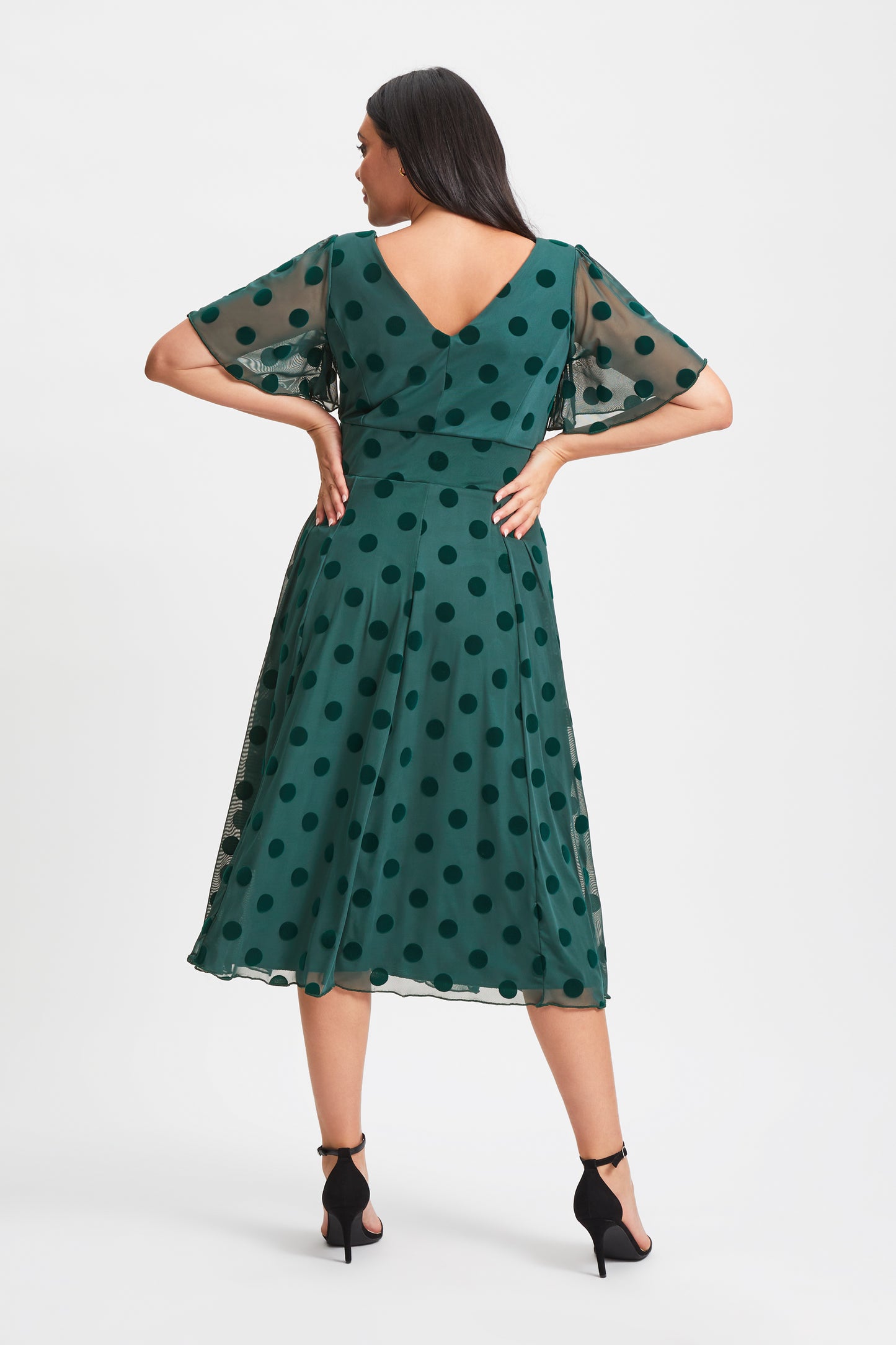 Victoria Dark Green Velvet Flock Angel Sleeve Mesh Long Midi Dress Scarlett & Jo Victoria Dark Green Velvet Flock Angel Sleeve Mesh Long Midi Dress Scarlett & Jo
