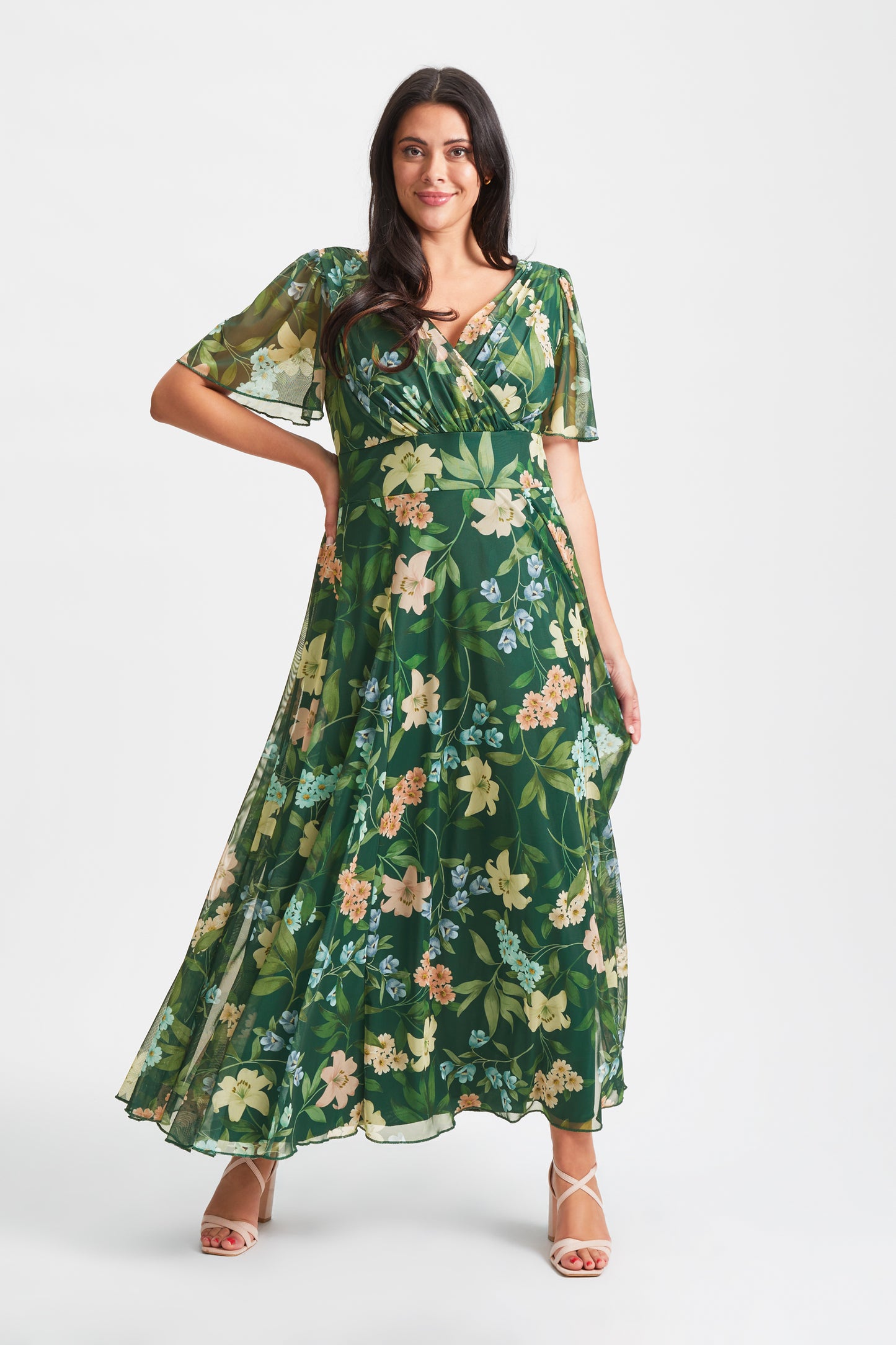 Isabelle Dark Green Multi Float Sleeve Maxi Dress Scarlett & Jo Isabelle Dark Green Multi Float Sleeve Maxi Dress Scarlett & Jo