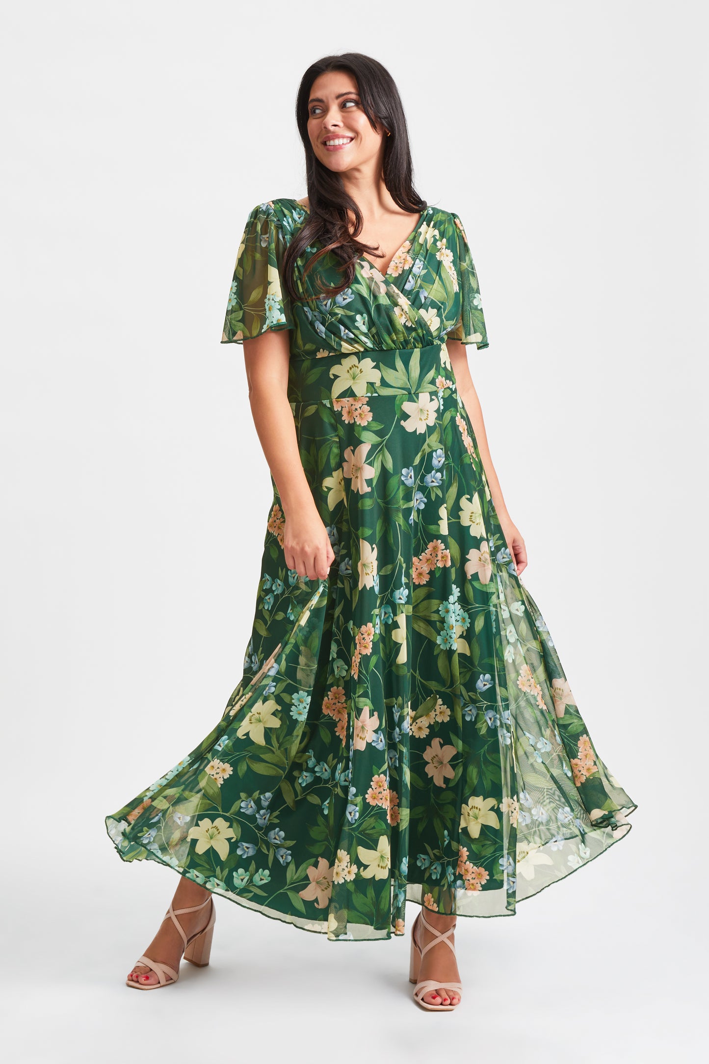 Isabelle Dark Green Multi Float Sleeve Maxi Dress