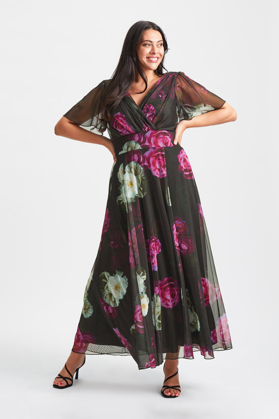 Load image into Gallery viewer, Isabelle Black Fuchsia Float Sleeve Maxi Dress
